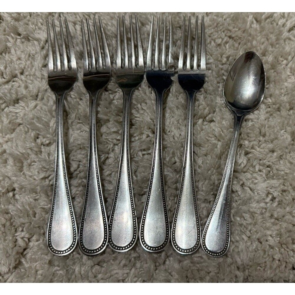EKCO Bastille Dinner Forks • Beaded Teardrop Handle• Stainless Flatware Set of 5
